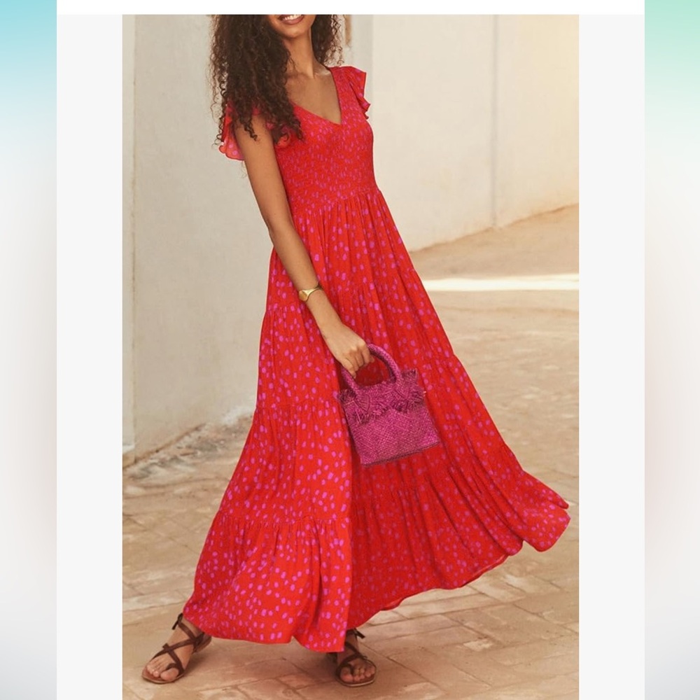 Red Maxi Dress with Pink Dot Print